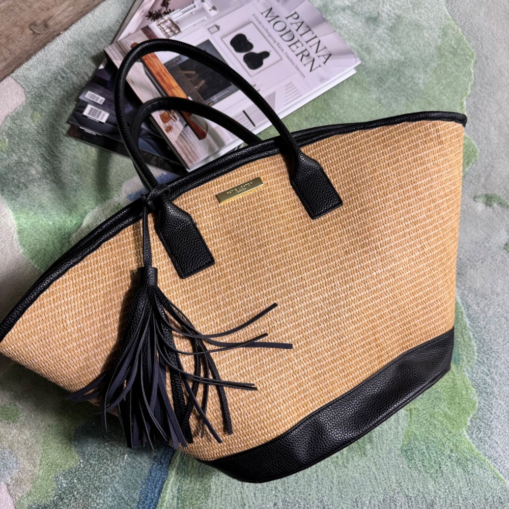 Katie Loxton London Straw Tote Bag Black Vegan Leather Trim Tassel Tan Handbag